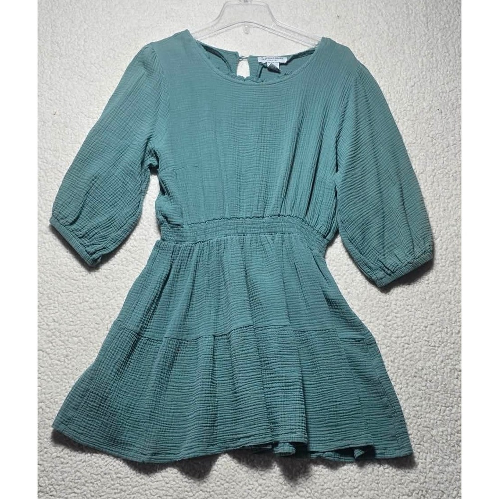 Sabrina Lauren New York Teal Cotton Gauze Smocked Tiered Mini Dress Womens L - Picture 1 of 9